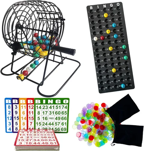 SEETOOOGAMES Juego de bingo de lujo, jaula de metal de 8 pulgadas, 50 tarjetas de papel, 300 fichas transparentes coloridas, bolas de bingo y