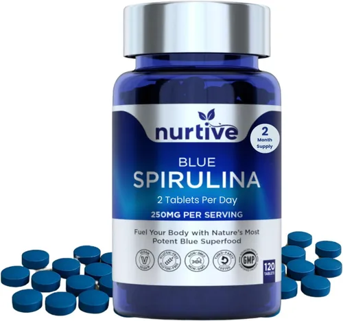 Tabletas de espirulina azul – 250 mg por porción diaria, superalimento de ficocianina, 120 tabletas, 2 tabletas por día – Suministro de 2 meses –