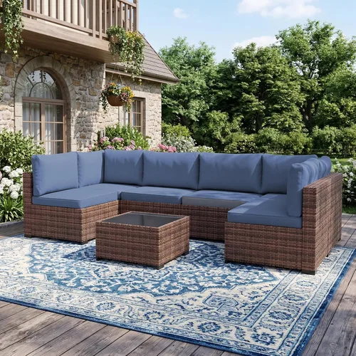 Miniatura 12 de LHBcraft Juego de muebles de patio de 7 piezas, seccionales para exteriores, tejido manual para todo tipo de clima, sofá seccional de mimbre de Ye-bk