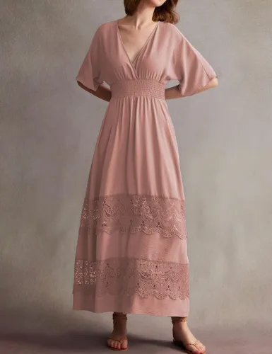 Miniatura 18 de Vestido largo de encaje para mujer de manga corta y cuello en V, vestido de fiesta estilo bohemio con cintura fruncida, vestido bohemio para mujer