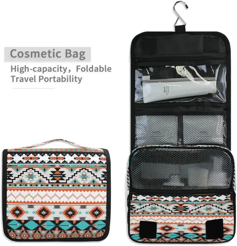 Miniatura 5 de Bolsa de aseo étnica azteca colgante, bolsa de cosméticos de viaje geométrica, bolsa organizadora de maquillaje, bolsa de lavado portátil con gancho