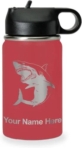 Miniatura 27 de LaserGram Botella de agua personalizada, gran tiburón blanco, acero inoxidable de doble pared aislada al vacío con popote superior, regalo grabado