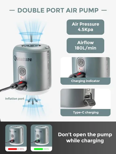 Miniatura 5 de Bomba de aire portátil para inflables, mini bomba de aire pequeña de 4.5 KPa con batería de 1600 mAh y luz de campamento, bomba eléctrica recargable