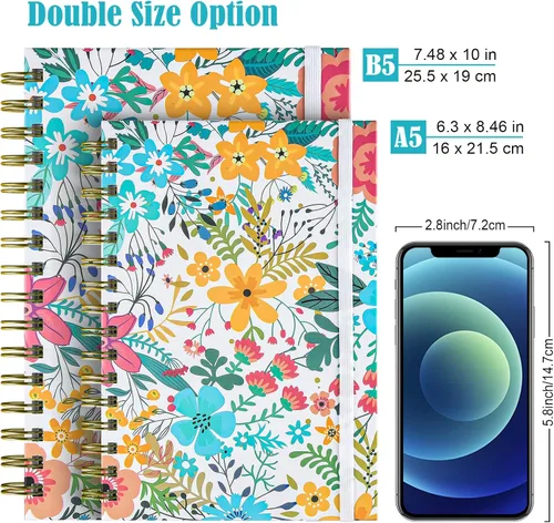 Miniatura 5 de Cuaderno de espiral, diario rayado B5 para mujer, diario en espiral de tapa dura con 2 bolsillos, cuadernos grandes con rayas universitarias de 7.48