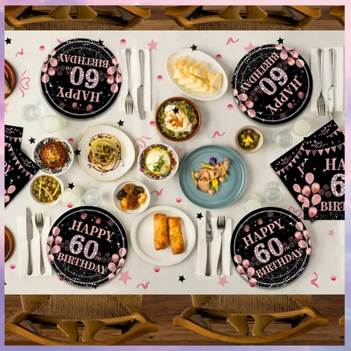 Miniatura 7 de 41 piezas de decoraciones de 60 cumpleaños para mujeres, juego de vajilla de fiesta de 60 años, platos, servilletas, mantel, suministro de fiesta