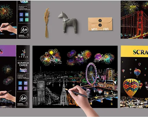 Miniatura 5 de Papel de pintura para rascar arcoíris (A4) para adultos y niños, tablero de rascar de vista nocturna, juego de arte de grabado: 4 hojas de tarjetas