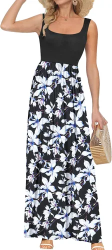 Miniatura 9 de AUSELILY Vestido largo con cuello cuadrado para mujer, sin mangas, floral, holgado, con bolsillos