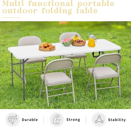 Miniatura 6 de Mesa plegable de 4 pies, mesa de camping portátil de plástico resistente, rectangular, mesa de comedor al aire libre, patas de acero plegable por