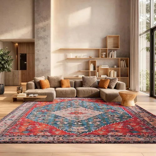 Miniatura 12 de SAFAVIEH Alfombra lavable Tucson Collection - 2 pies 6 pulgadas x 4 pies, beige y azul, antideslizante y fácil de limpiar, ideal para sala de estar