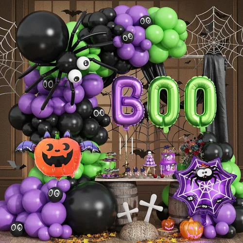 Miniatura 18 de Kit de arco de guirnalda de globos de Halloween, 116 piezas de arco de globos naranja y negro blanco, globos de papel de aluminio con estrella