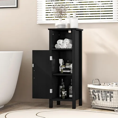 Miniatura 2 de HAPPYGRILL Armario de suelo de baño, mesa organizadora estrecha con estantes interiores ajustables, armario de almacenamiento independiente