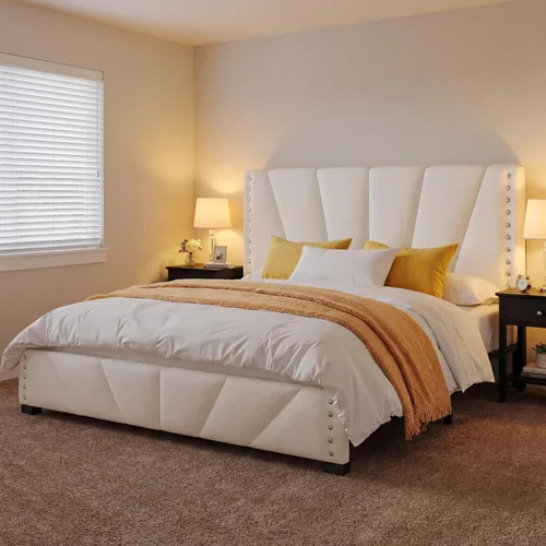 Miniatura 22 de EnHomee Base de cama de plataforma individual con cabecera ajustable tapizada de terciopelo, luces LED y estación de carga para dormitorio, Beige