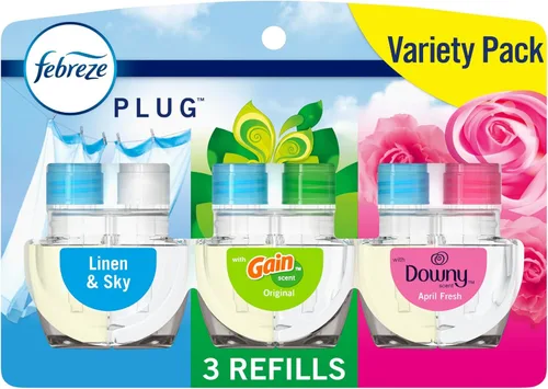 Febreze Fade Defy PLUG - Ambientador antiolor para eliminar olores, Downy April Fresh, Gain Original, Linen & Sky, (3) recargas de aceite perfumado