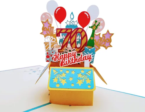 Miniatura 5 de iGifts And Cards Tarjeta desplegable 3D de 70 cumpleaños: caja de fiesta azul centro de mesa de champán - Saludo de hito para padres, abuelos