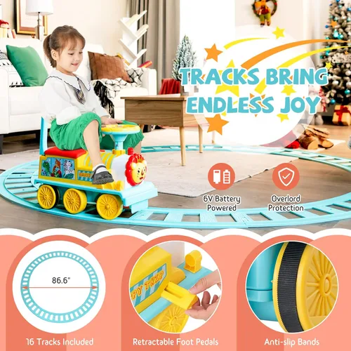 Miniatura 4 de GLACER Tren de paseo con 16 pistas para niños, juguete eléctrico con luces y sonidos, caja de almacenamiento debajo del asiento y pedales Azul