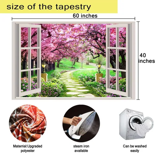 Miniatura 7 de Tapiz japonés de flores de cerezo para ventana, camino de bosque de árboles, flores rosas, botánico, floral, paisaje natural, estético para sala