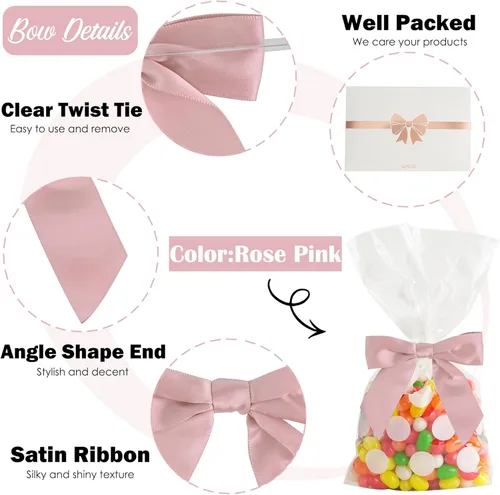Miniatura 3 de AIMUDI Lazos de cinta con torsión para bolsas de golosinas de 3.5" Lazos de cinta de satén rosa claro para manualidades, lazos prefabricados