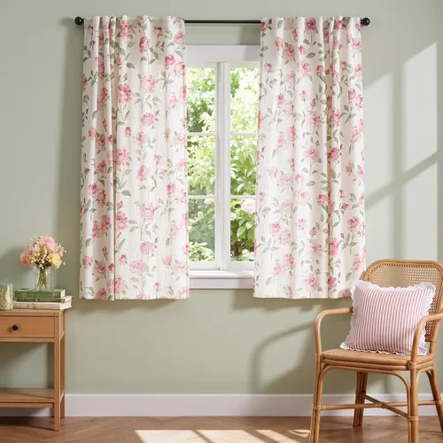 jinchan Blushfield - Cortinas de lino floral rosa para dormitorio, cortinas semitransparentes filtrantes de luz con dije de casa de campo suave,