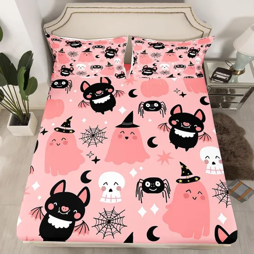 Miniatura 15 de Juego de sábanas bajeras con bonito diseño de gato negro para niños y niñas, diseño de dibujos animados de Halloween, gato, animales, sábanas