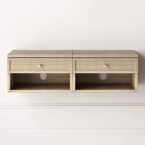 Miniatura 17 de Nathan James Jackson - Mesita de noche flotante de ratán montada en la pared con cajón de almacenamiento y estante abierto moderno, roble claro/ratán