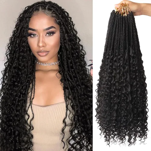 Miniatura 7 de Goddess Box Braids - Trenzas de cabello a ganchillo con extremos rizados, trenzas de caja bohemianas de 16 pulgadas, trenzas de ganchillo, 8 1B-4-30