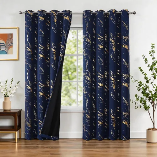 Miniatura 26 de WUBODTI Cortinas 100% Opacas de Mármol Beige de 63 Pulgadas de Largo 2 Paneles, Cortina Corta con Ojales de Impresión de Lámina Dorada Moderna