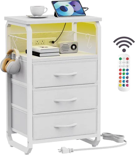 Miniatura 9 de runjuly Mesita de noche con luz, mesa auxiliar LED con cajones y estación de carga con puerto tipo C, pequeña mesa de noche con ganchos, cómoda