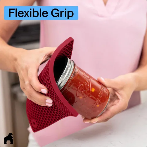 Miniatura 7 de GORILLA GRIP Juego de 4 manoplas de horno de silicona suave sin BPA y soportes para ollas, resistentes al calor, forro de algodón grueso, agarre Rojo