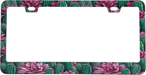 Miniatura 15 de Marco de placa de matrícula con hojas de palma, color rosa y azul, estilo bohemio, con temática hawaiana tropical, de acero inoxidable
