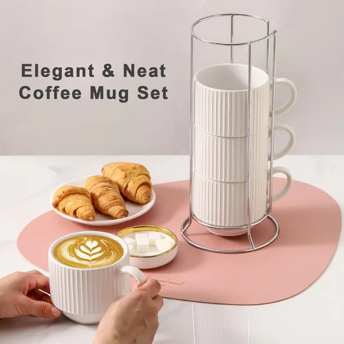 Miniatura 2 de HASENSE Juego de 4 tazas de café de cerámica con estante - 15 oz Juego de tazas grandes apilables de porcelana con nervaduras para café con leche