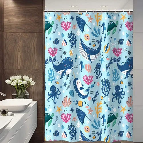 Miniatura 6 de Cortina de ducha náutica para niños, azul bohemio, océano, tiburón, abstracto, dibujos animados, decoración de baño, con cortinas de ducha de tela