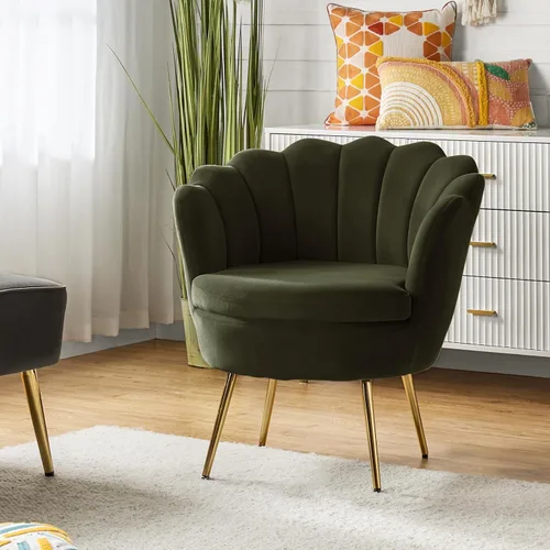 Miniatura 24 de HULALA HOME Silla decorativa moderna de terciopelo con respaldo en forma de concha, bonito sillón para sala de estar, dormitorio con patas doradas