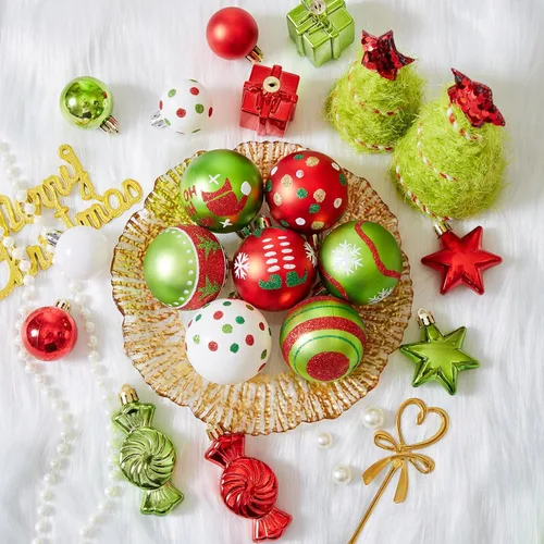 Miniatura 4 de Juego de 42 adornos de bolas de Navidad - Adornos de Navidad rojos y verdes surtidos, inastillables, brillantes, colgantes, adornos de árbol