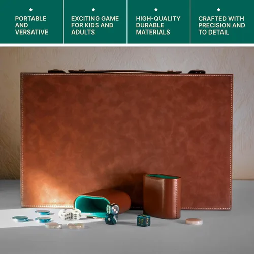Miniatura 9 de Juego de backgammon premium de 15 pulgadas para adultos – Tablero clásico de backgammon de gamuza sintética con 32 fichas, vasos para dados y cubo