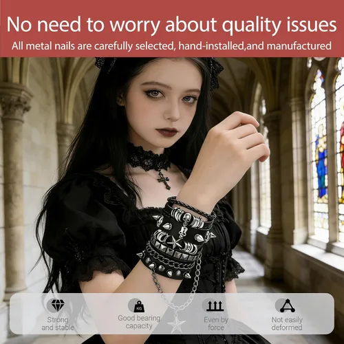 Miniatura 5 de Juego de 4 pulseras góticas para hombres y mujeres, pulseras de cuero con tachuelas punk rock, traje rockero de los años 80 para hombres y mujeres