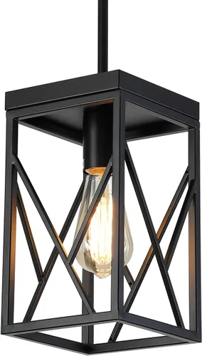 Lámpara colgante moderna negra con jaula de metal, varillas ajustables de una sola luz, mini lámpara colgante industrial para cocina, isla, Negro