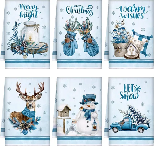 Miniatura 8 de Geyoga 6 piezas de toallas de cocina de Navidad, toallas de mano de Navidad con diseño de muñeco de nieve, absorbentes, toallas de cocina vintage