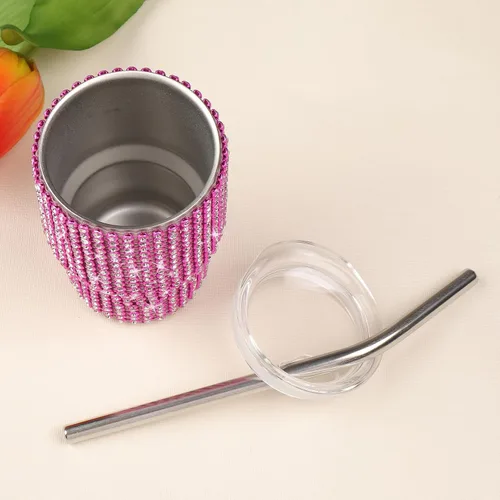 Miniatura 5 de INSTOME Vaso de chupito brillante de 3 onzas, mini tazas con tachuelas de diamantes de imitación con pajitas, brillo similar a un diamante para Rosa