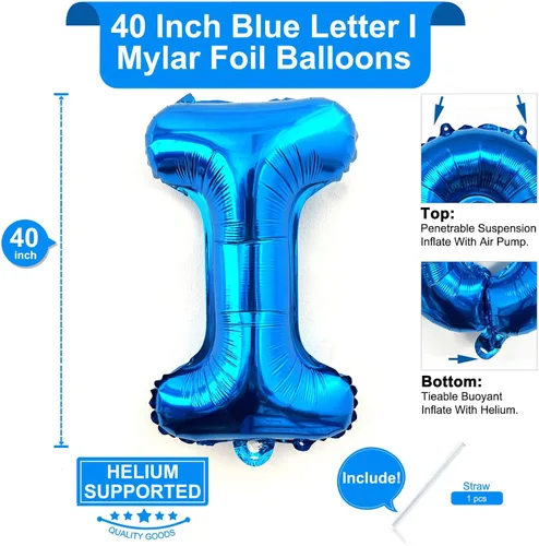 Miniatura 2 de Lovoir Globos grandes de 40 pulgadas de color azul de la letra I de gran tamaño, globo de helio de aluminio de Mylar para fiesta de cumpleaños