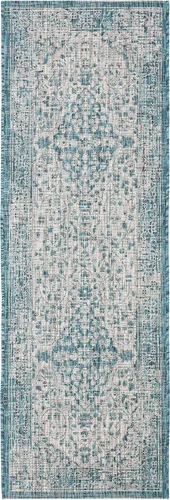 Miniatura 2 de SAFAVIEH Alfombra lavable para exteriores, colección Courtyard de 2.3 x 6.7 pies, color verde azulado y crema, no desprende pelusa y es fácil