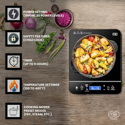 Miniatura 3 de OMEO Placa de cocción portátil de doble inducción con 2 quemadores, control táctil, cocina de inducción de 110 V con bloqueo de seguridad, pausa