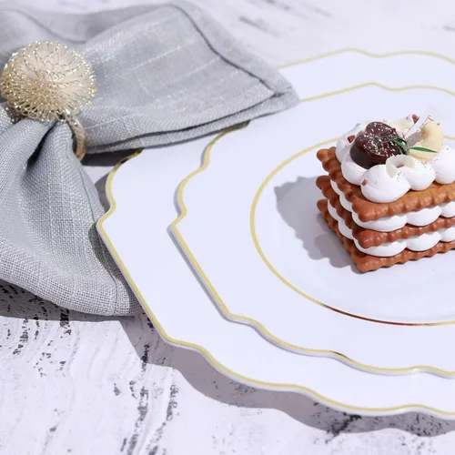 Miniatura 9 de Efavormart - Paquete de 10 platos de postre de plástico color rosa canela de 8 pulgadas, con borde dorado barroco, platos de ensalada desechables