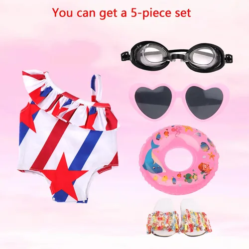 Miniatura 2 de MSYO Conjunto de traje de baño de playa de muñeca de 18 pulgadas, traje de baño patriótico de estrellas y rayas con lentes de sol, gafas