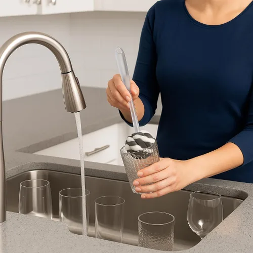 Miniatura 2 de Cepillo de esponja de vidrio con mango – Cepillo de limpieza de cocina de 11.5 pulgadas para vasos, botellas, platos y jarrones – Esponja suave