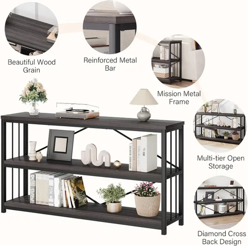 Miniatura 5 de LVB Mesa consola industrial, mesa de sofá de metal y madera, mesa de entrada rústica con almacenamiento, moderno estante de 3 niveles mesa larga