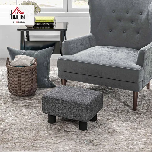 Miniatura 2 de HOMCOM Reposapiés otomano, taburete pequeño con tapicería de tela de lino y patas de plástico, otomana cubo para sala de estar, beige