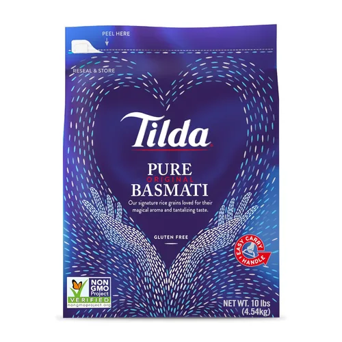 Tilda Arroz basmati puro, arroz aromático y auténtico de primera calidad, bolsa grande resellable, bolsa de 10 libras, color blanco