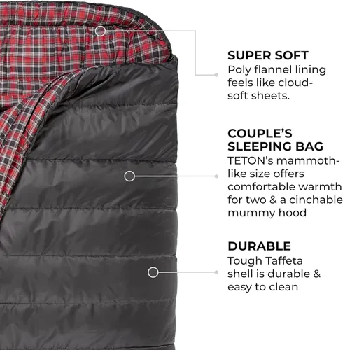 Miniatura 4 de Teton Mammoth - Saco de dormir doble tamaño Queen - Una bolsa cálida que toda la familia puede disfrutar, ideal para camping, caza y campamento Gris