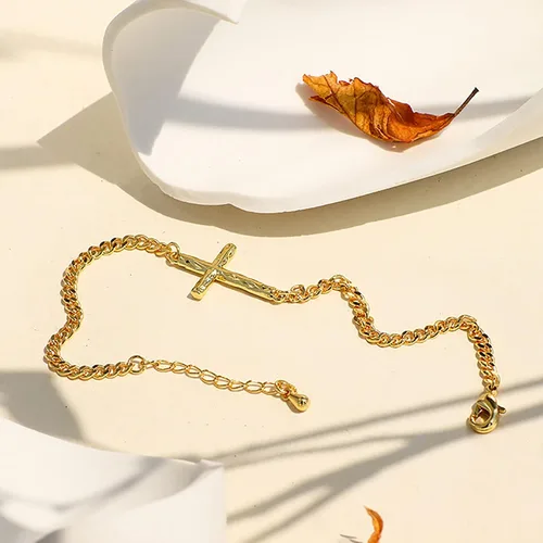 Miniatura 6 de Pulsera de cruz para mujer, chapada en oro de 18 quilates, pulsera de eslabones de cadena cubana, pulsera de oro para mujer, regalos de confirmación