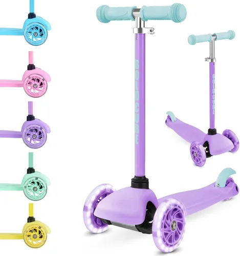BOLDCUBE Teeny | Patinete de 3 ruedas color menta para niños y niñas de 3 a 6 años | Ruedas intermitentes | Altura ajustable de 53 a 70 cm | Mi Lila